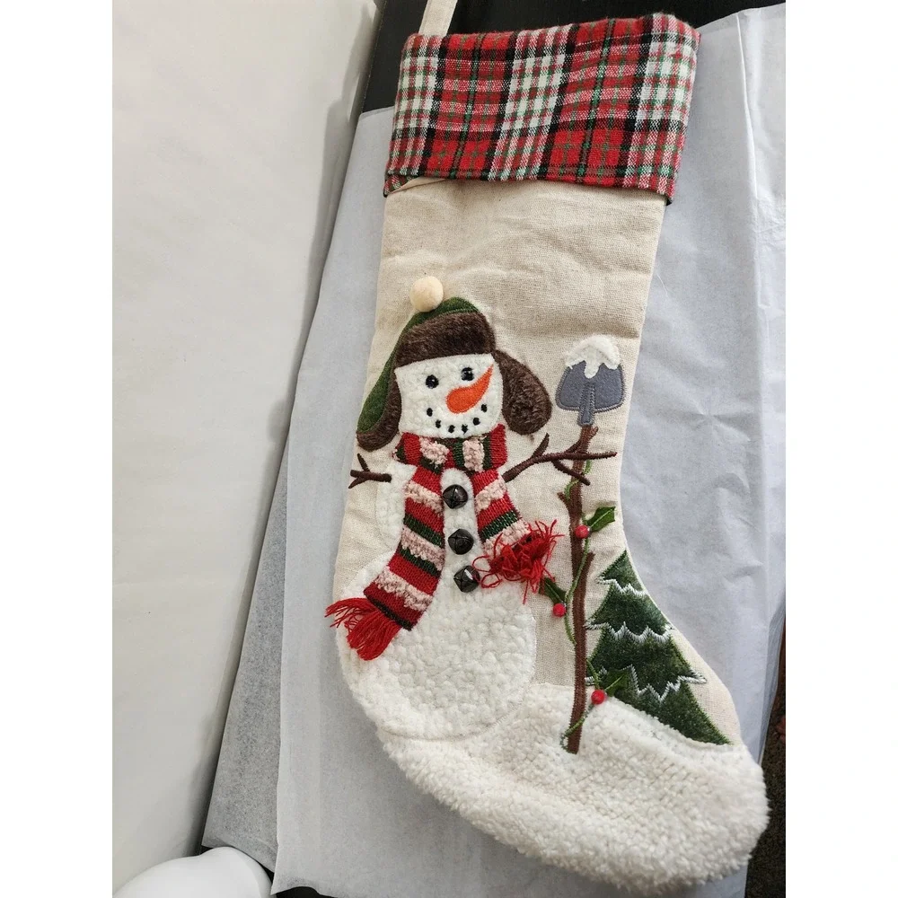 Set of 2 Burlap Christmas Stockings Santa and Snowman Applique Plaid Cuff 18in